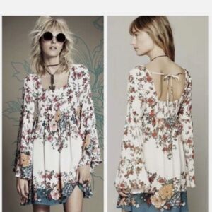 Free People Chinoiserie Babydoll Flare Sleeve Boho Floral Mini Dress Sz XS